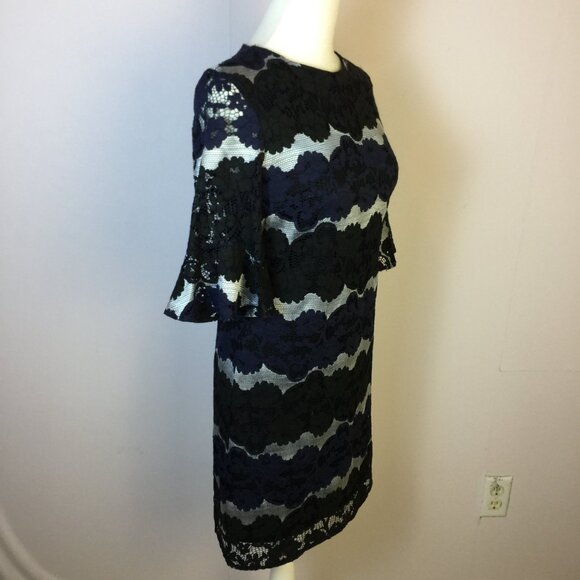 New! Stage of Playlord Dress Sz 1 US 6/S Womans Navy Black Lace 3/4 Bell Sleeve - Picture 3 of 14